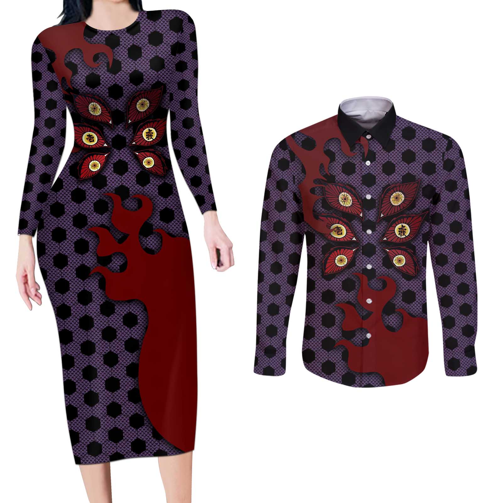 Kokushibou - Demon Slayer Couples Matching Long Sleeve Bodycon Dress and Long Sleeve Button Shirt Anime Style