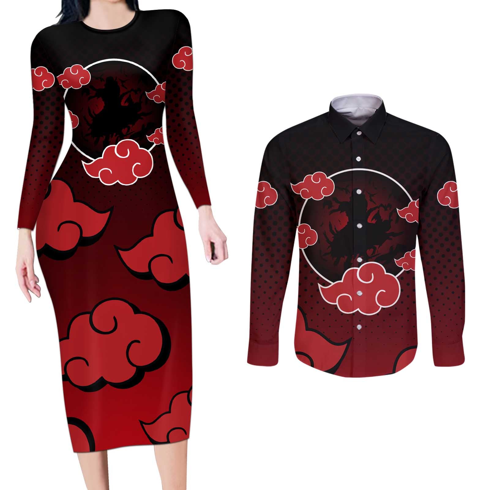 Akatsuki Itachi Uchiha - Naruto Couples Matching Long Sleeve Bodycon Dress and Long Sleeve Button Shirt Anime Style