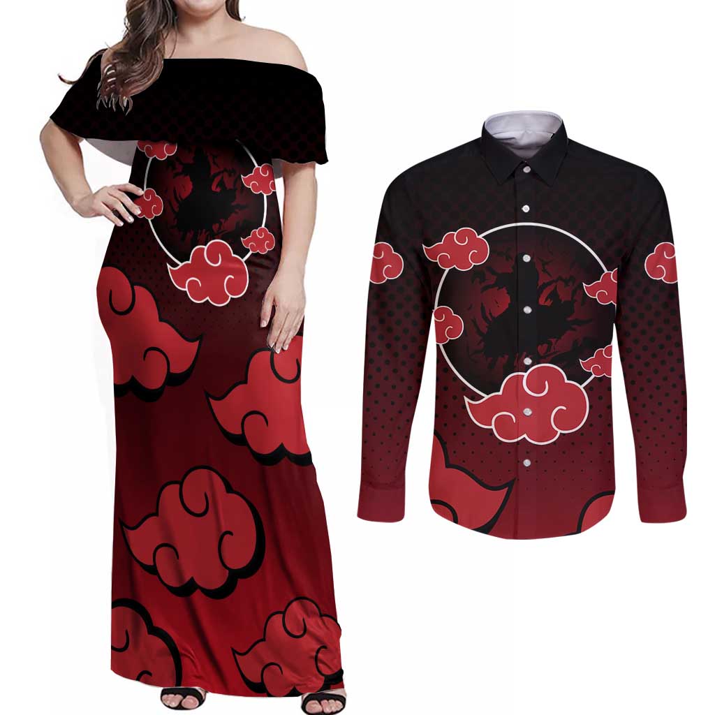 Akatsuki Itachi Uchiha - Naruto Couples Matching Off Shoulder Maxi Dress and Long Sleeve Button Shirt Anime Style