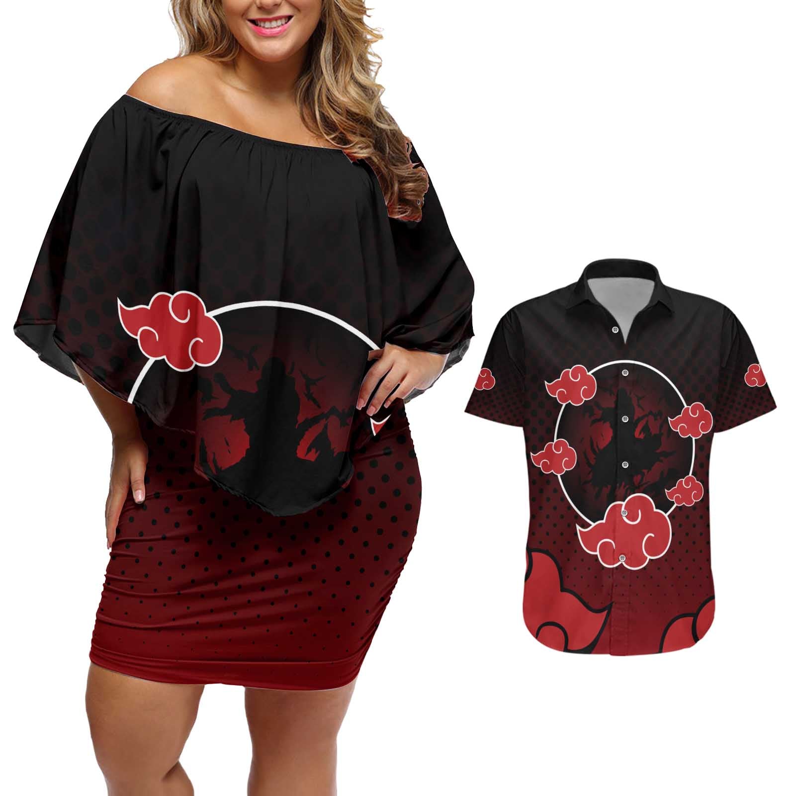 Akatsuki Itachi Uchiha - Naruto Couples Matching Off Shoulder Short Dress and Hawaiian Shirt Anime Style