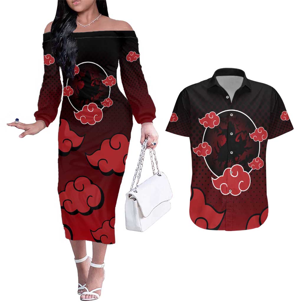 Akatsuki Itachi Uchiha - Naruto Couples Matching Off The Shoulder Long Sleeve Dress and Hawaiian Shirt Anime Style