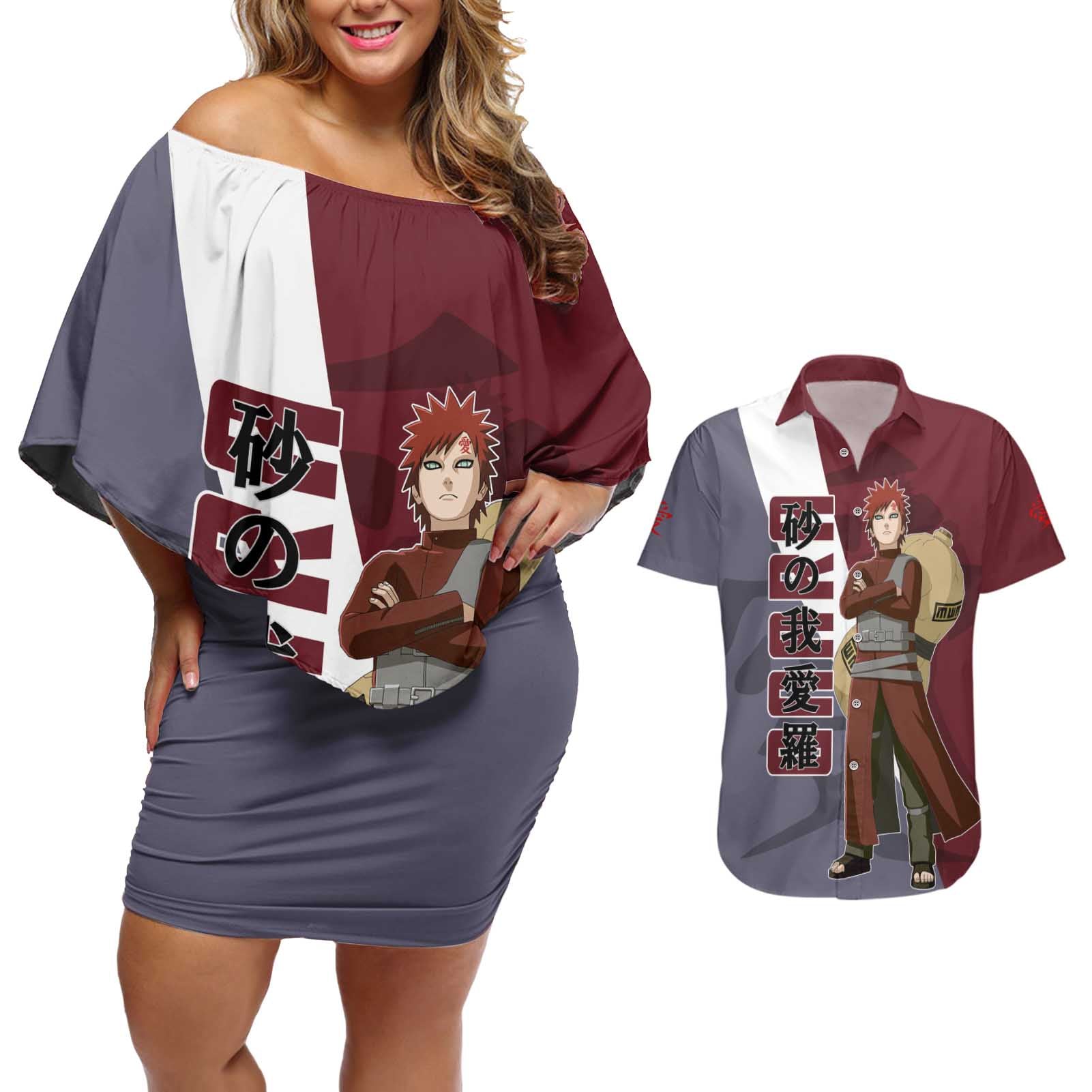 Gaara - Naruto Couples Matching Off Shoulder Short Dress and Hawaiian Shirt Anime Style