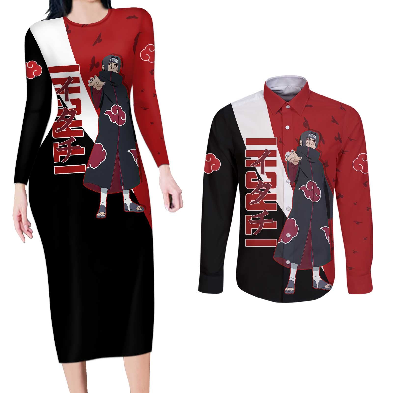 Uchiha Itachi - Naruto Couples Matching Long Sleeve Bodycon Dress and Long Sleeve Button Shirt Anime Style