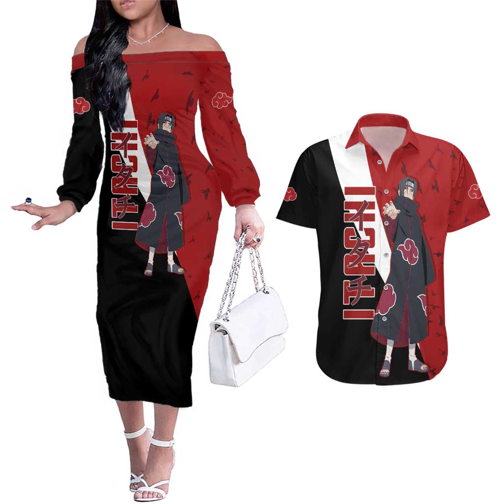 Uchiha Itachi - Naruto Couples Matching Off The Shoulder Long Sleeve Dress and Hawaiian Shirt Anime Style