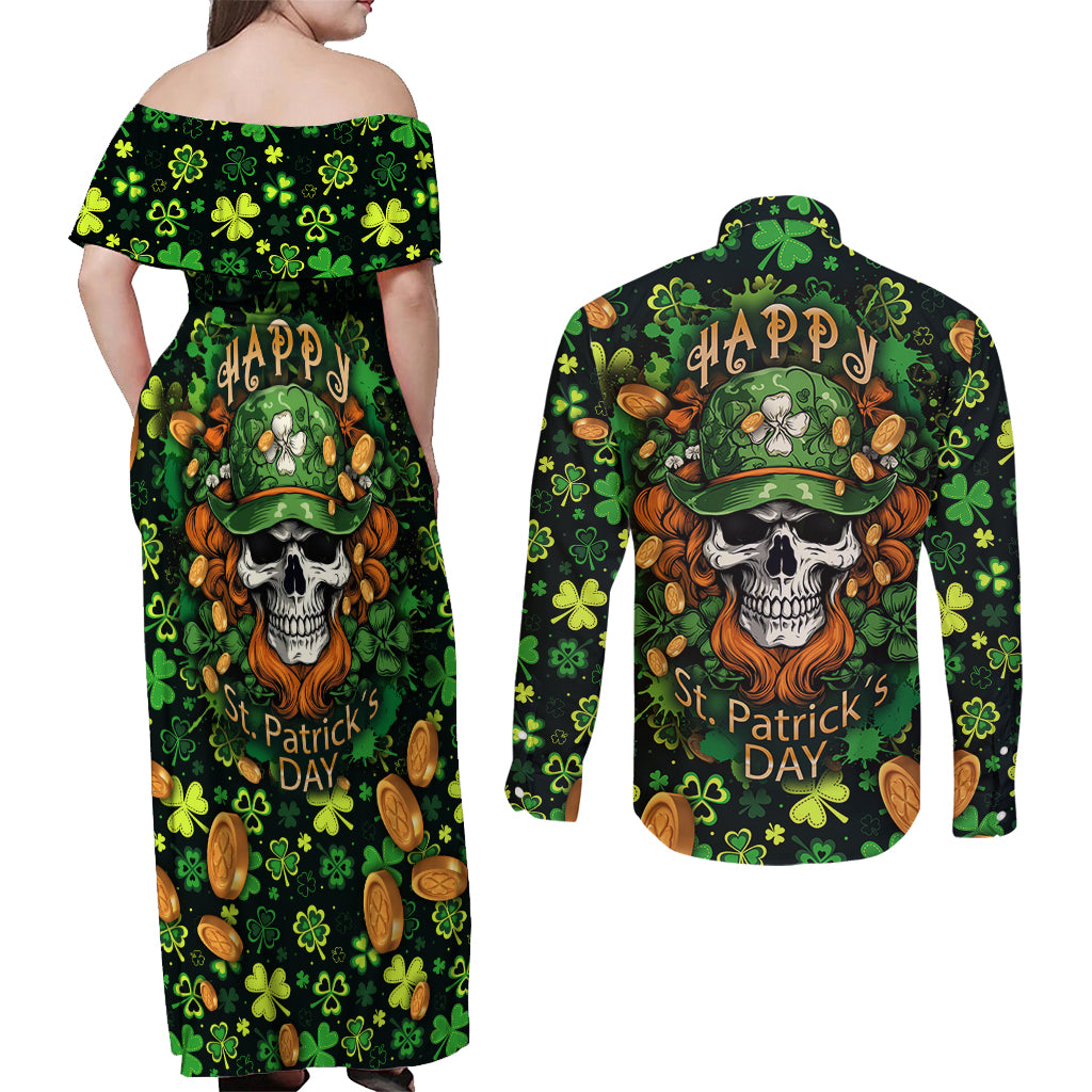 happy-st-patricks-day-skull-couples-matching-off-shoulder-maxi-dress-and-long-sleeve-button-shirts