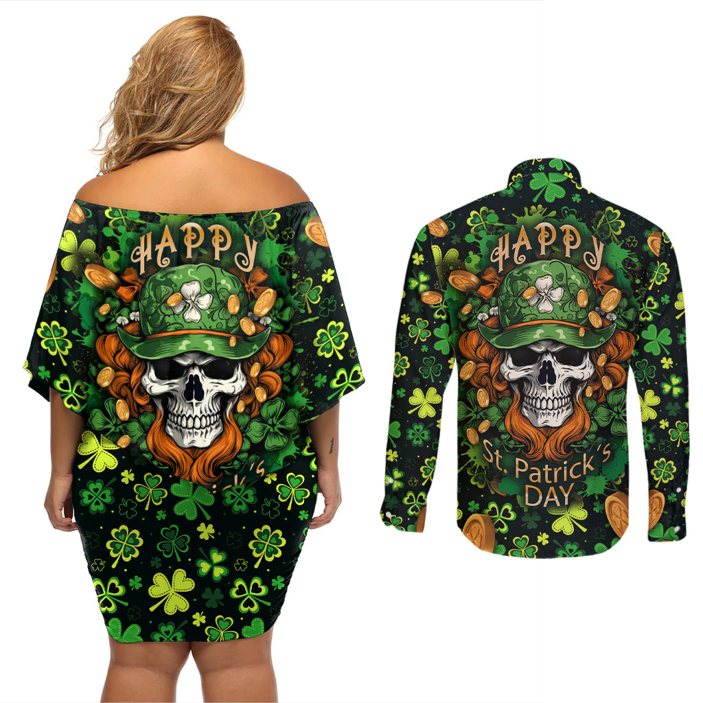 happy-st-patricks-day-skull-couples-matching-off-shoulder-short-dress-and-long-sleeve-button-shirts