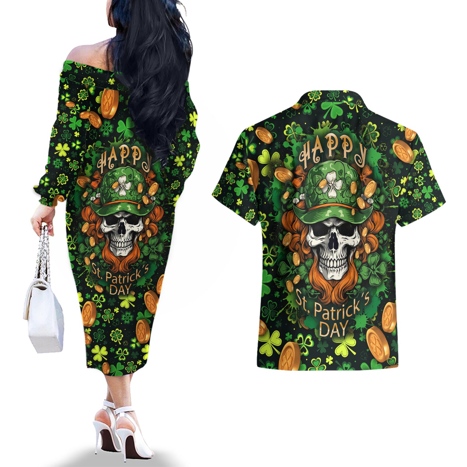 happy-st-patricks-day-skull-couples-matching-off-the-shoulder-long-sleeve-dress-and-hawaiian-shirt