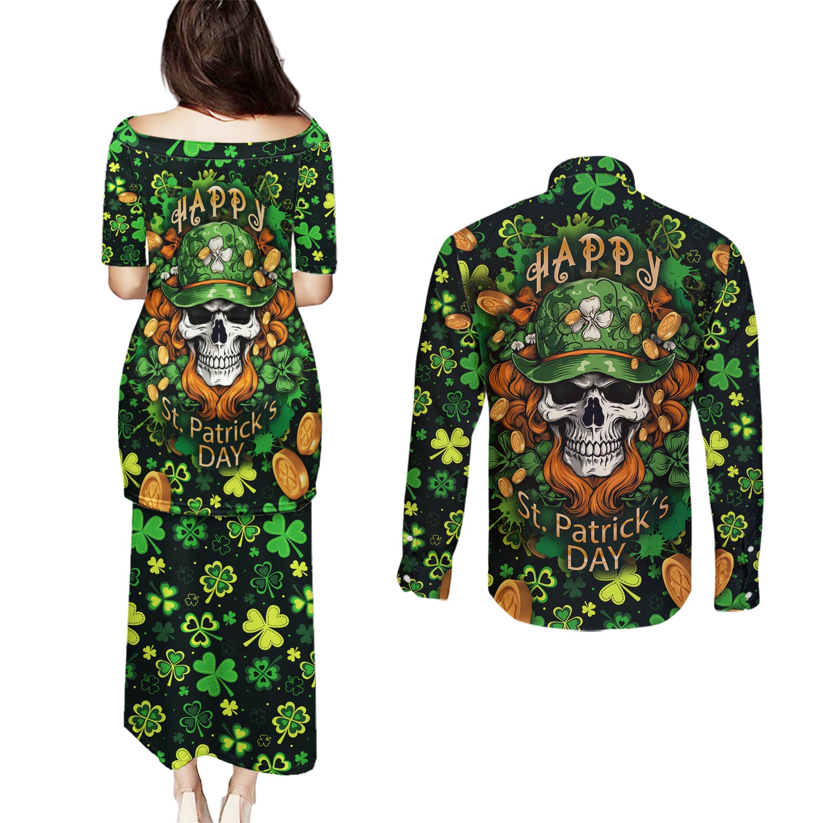 happy-st-patricks-day-skull-couples-matching-puletasi-dress-and-long-sleeve-button-shirts