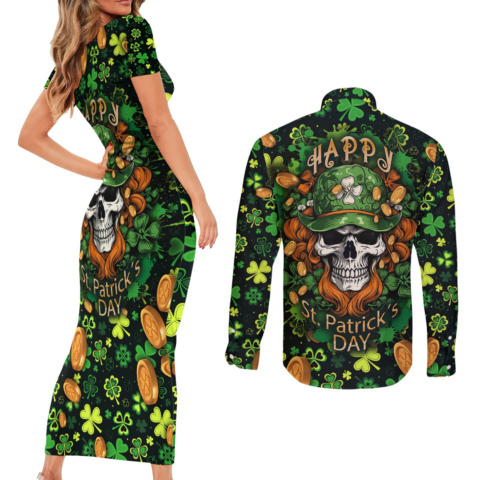 happy-st-patricks-day-skull-couples-matching-short-sleeve-bodycon-dress-and-long-sleeve-button-shirts