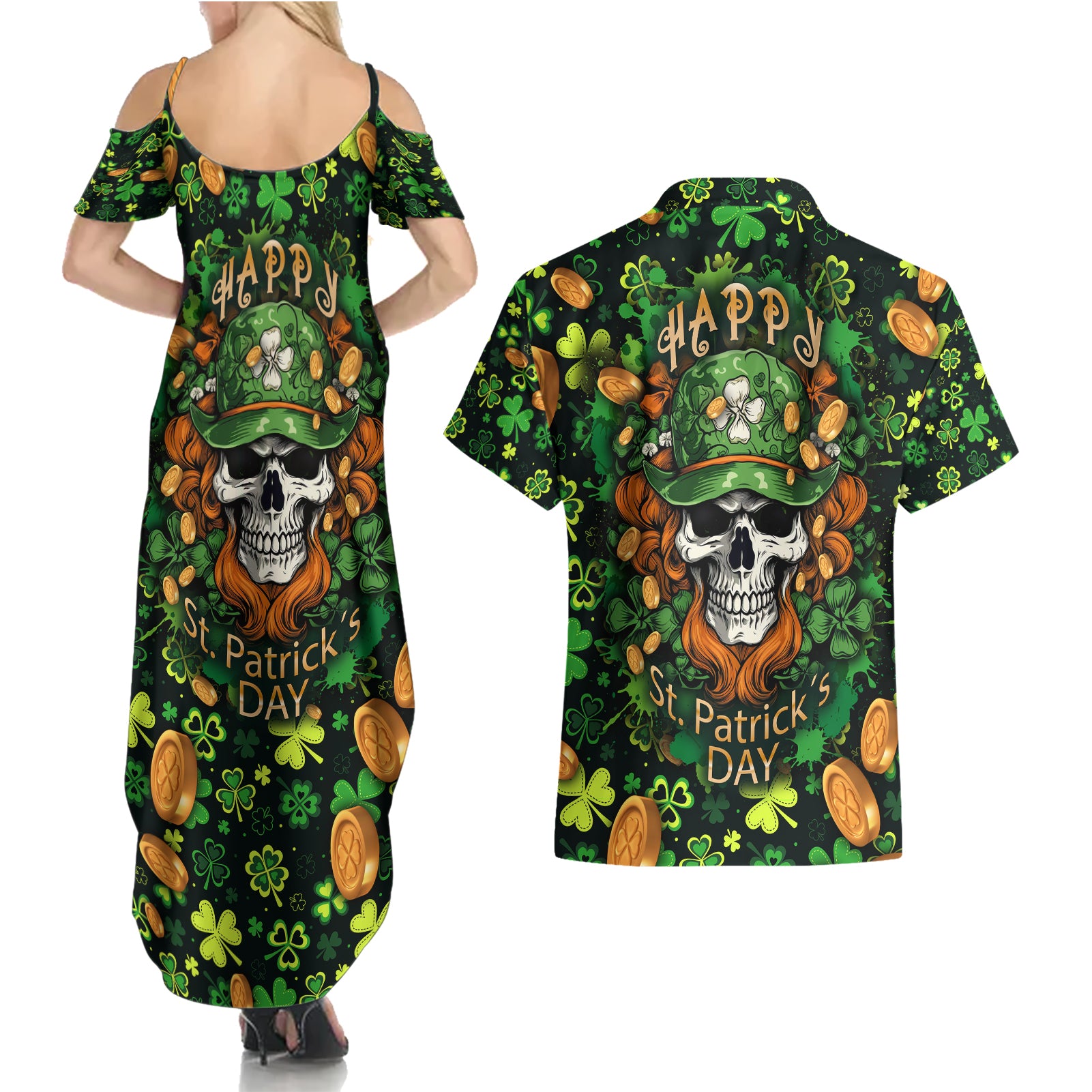 happy-st-patricks-day-skull-couples-matching-summer-maxi-dress-and-hawaiian-shirt