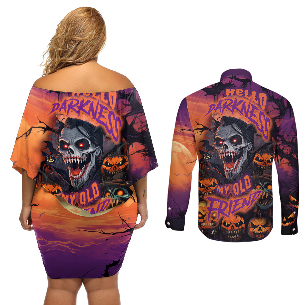 halloween-skull-couples-matching-off-shoulder-short-dress-and-long-sleeve-button-shirts-hello-darkness-my-old-friend