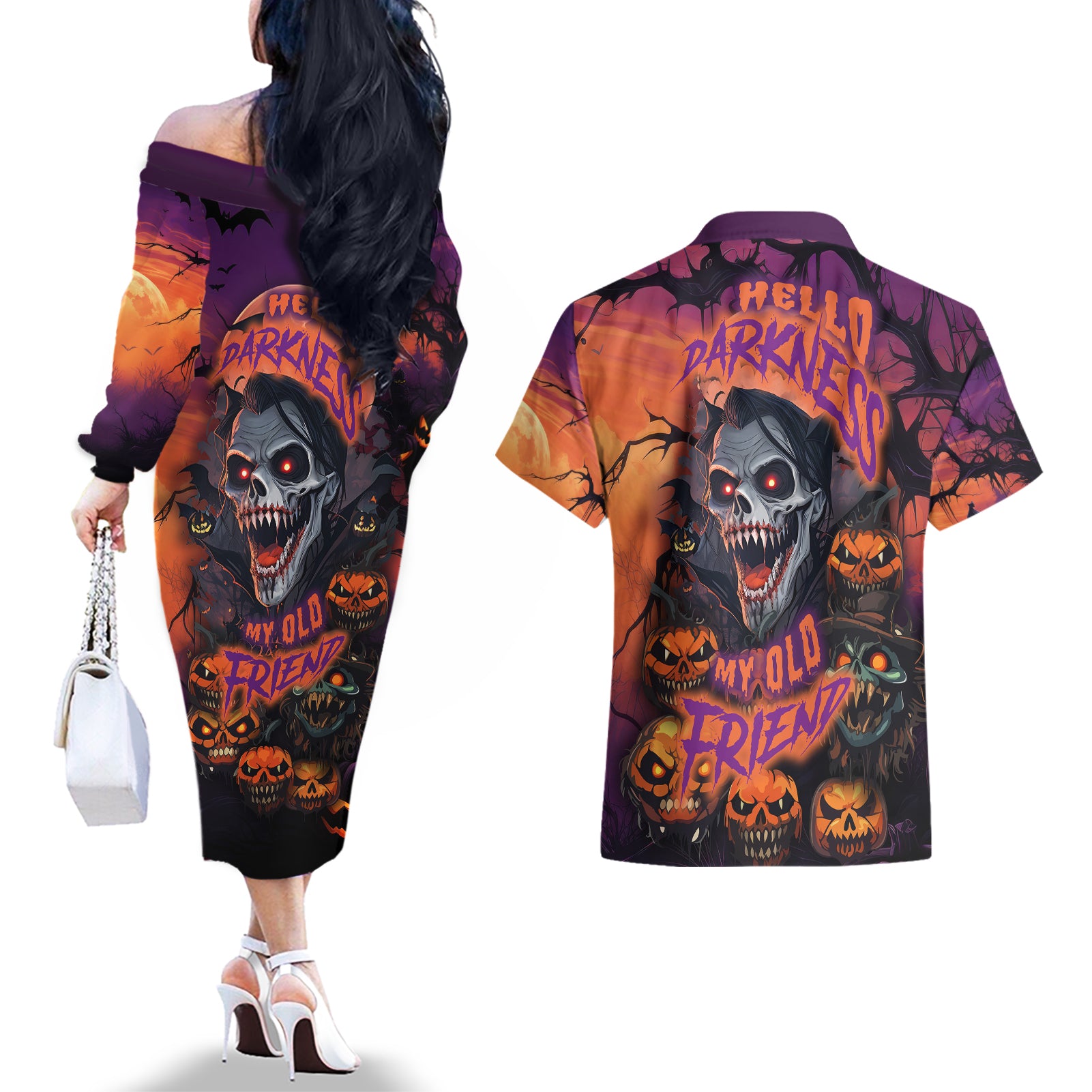 halloween-skull-couples-matching-off-the-shoulder-long-sleeve-dress-and-hawaiian-shirt-hello-darkness-my-old-friend