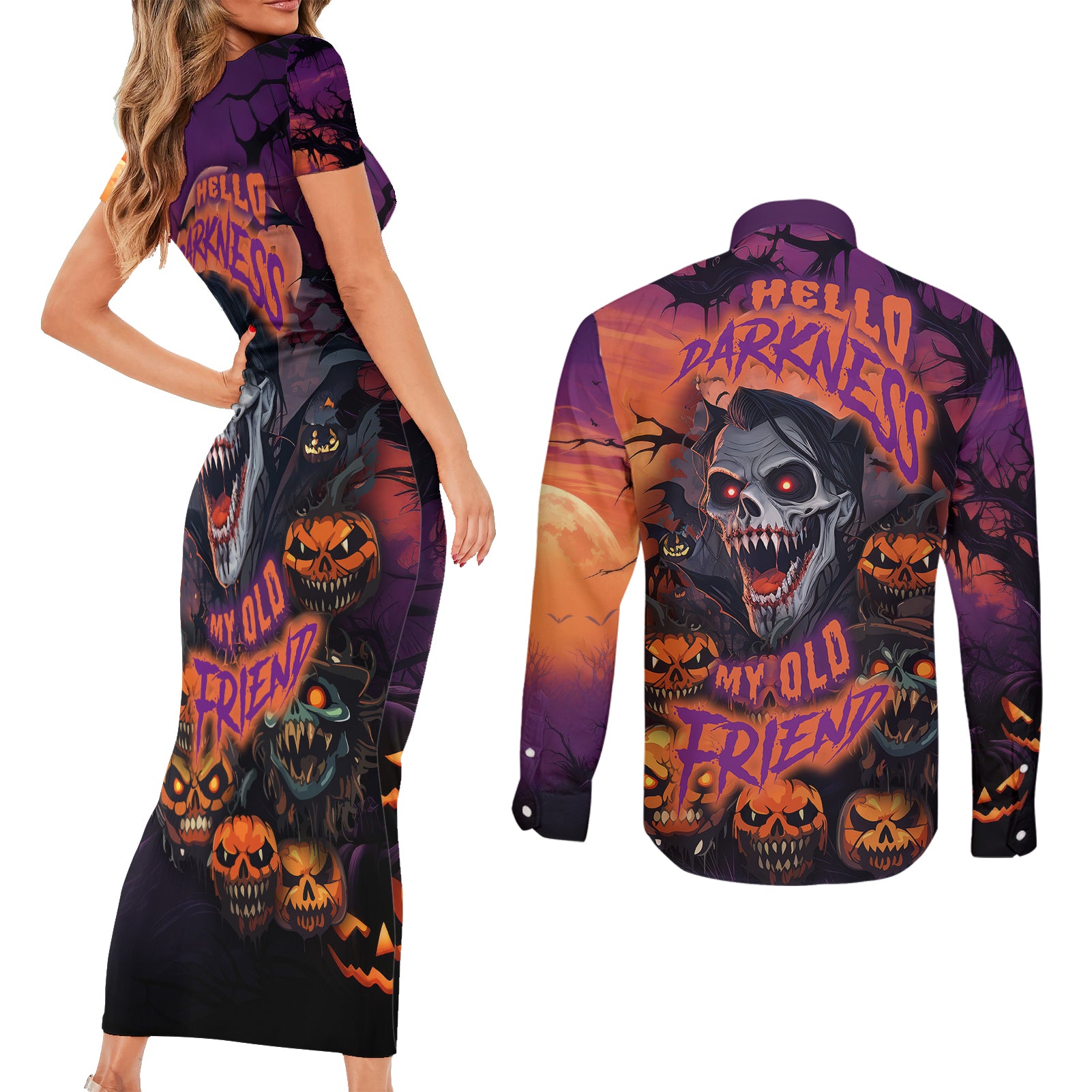 halloween-skull-couples-matching-short-sleeve-bodycon-dress-and-long-sleeve-button-shirts-hello-darkness-my-old-friend