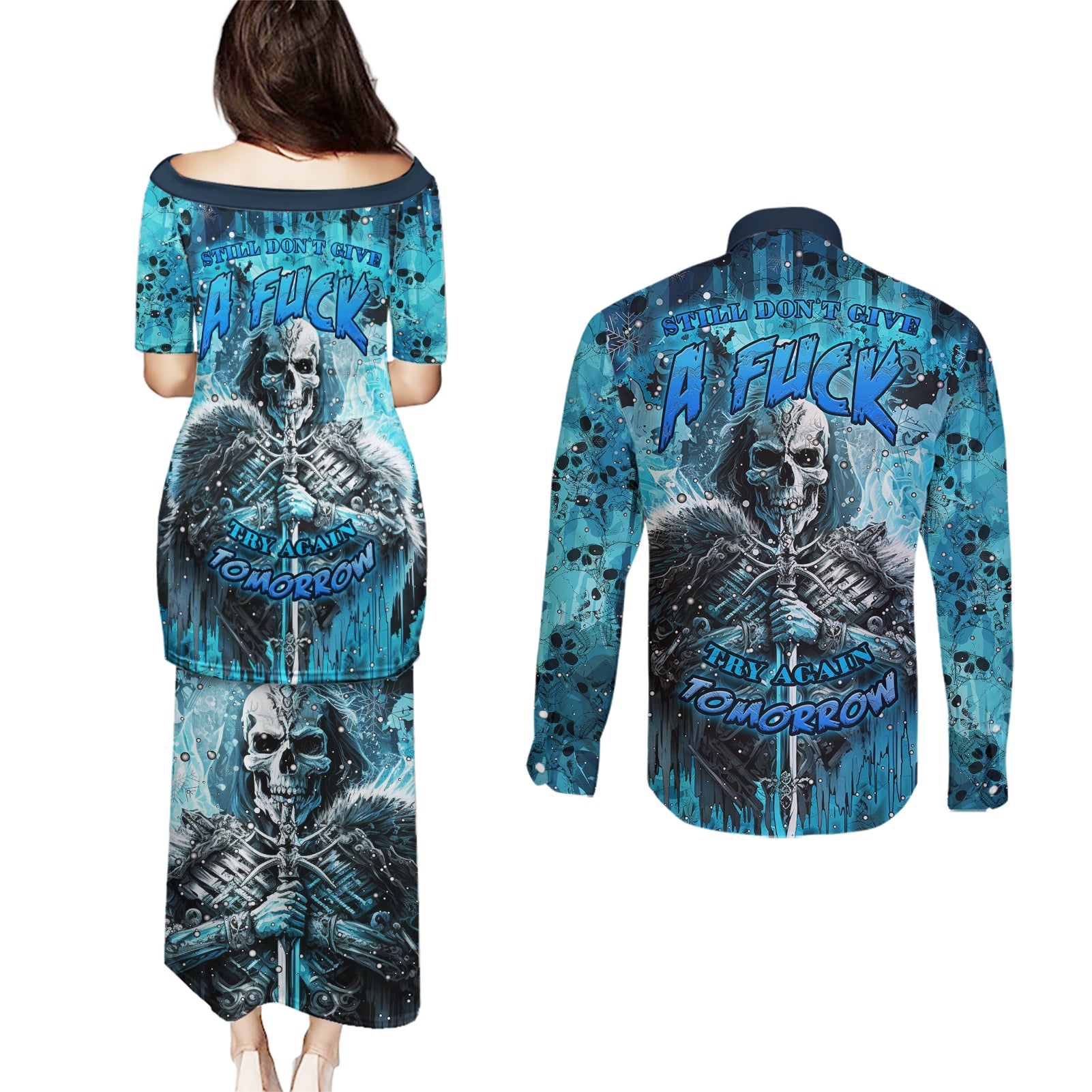 skull-couples-matching-puletasi-dress-and-long-sleeve-button-shirts-try-again-tomorrow