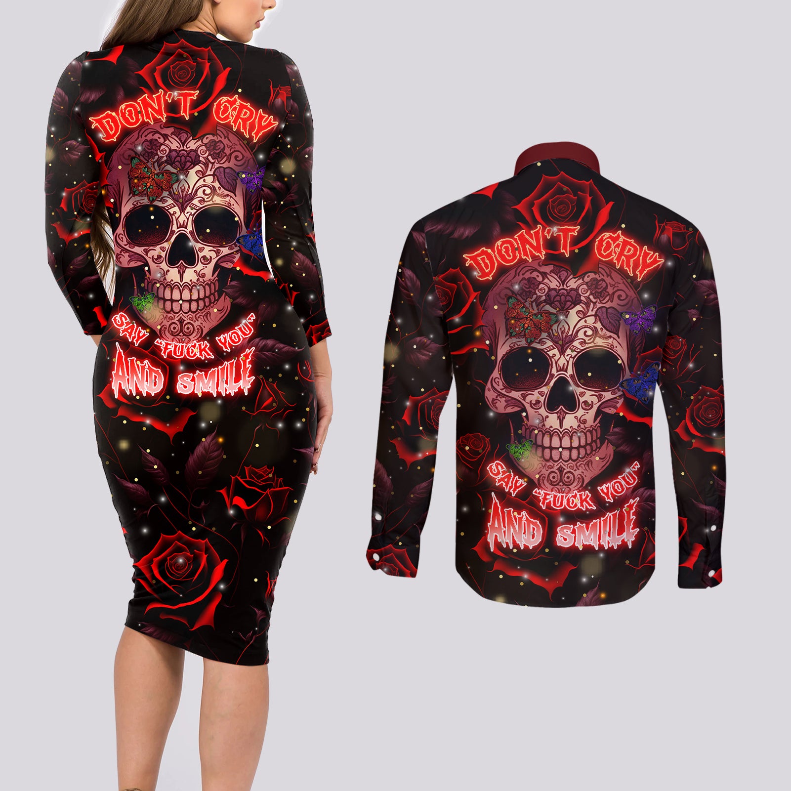 dont-cry-skull-couples-matching-long-sleeve-bodycon-dress-and-long-sleeve-button-shirts