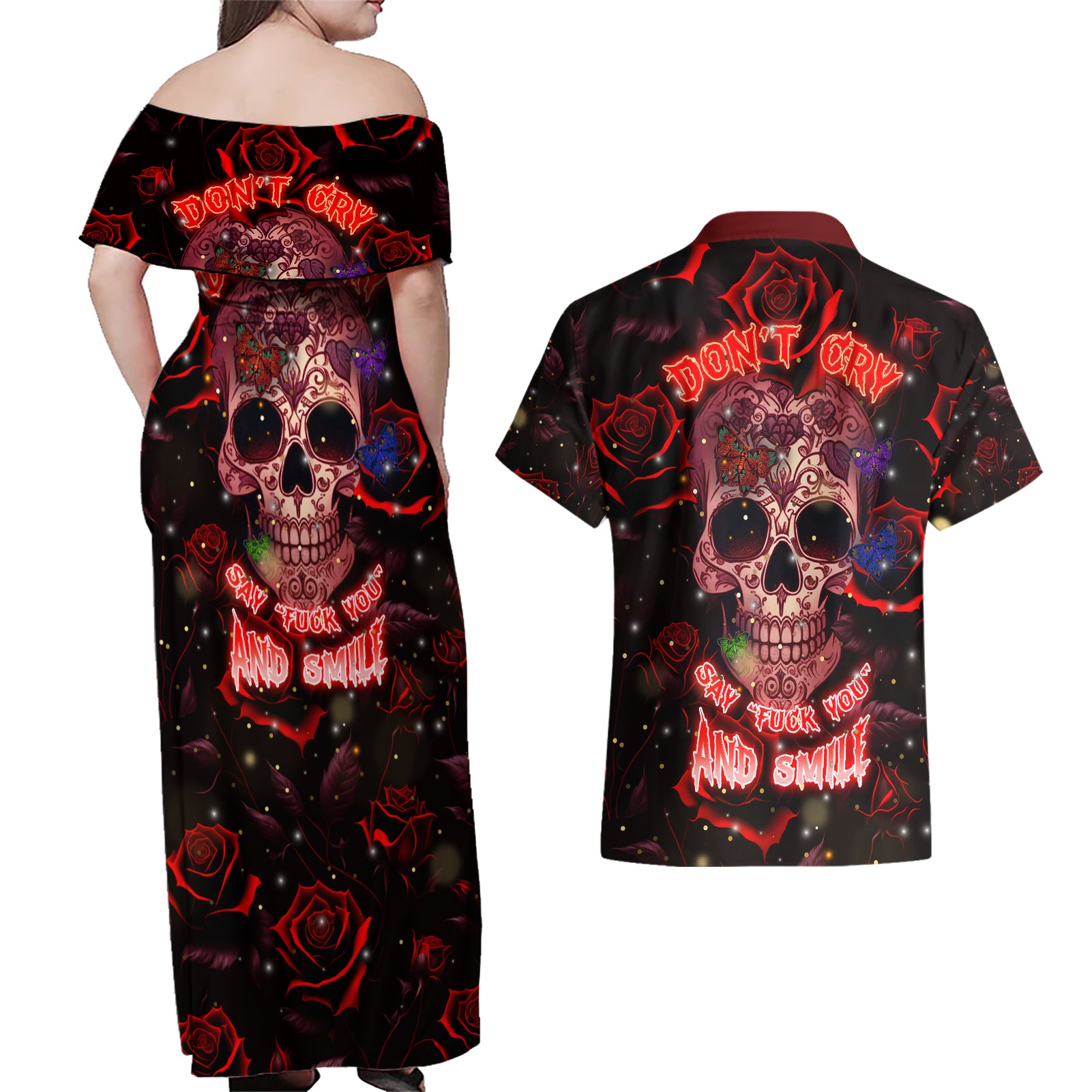 dont-cry-skull-couples-matching-off-shoulder-maxi-dress-and-hawaiian-shirt