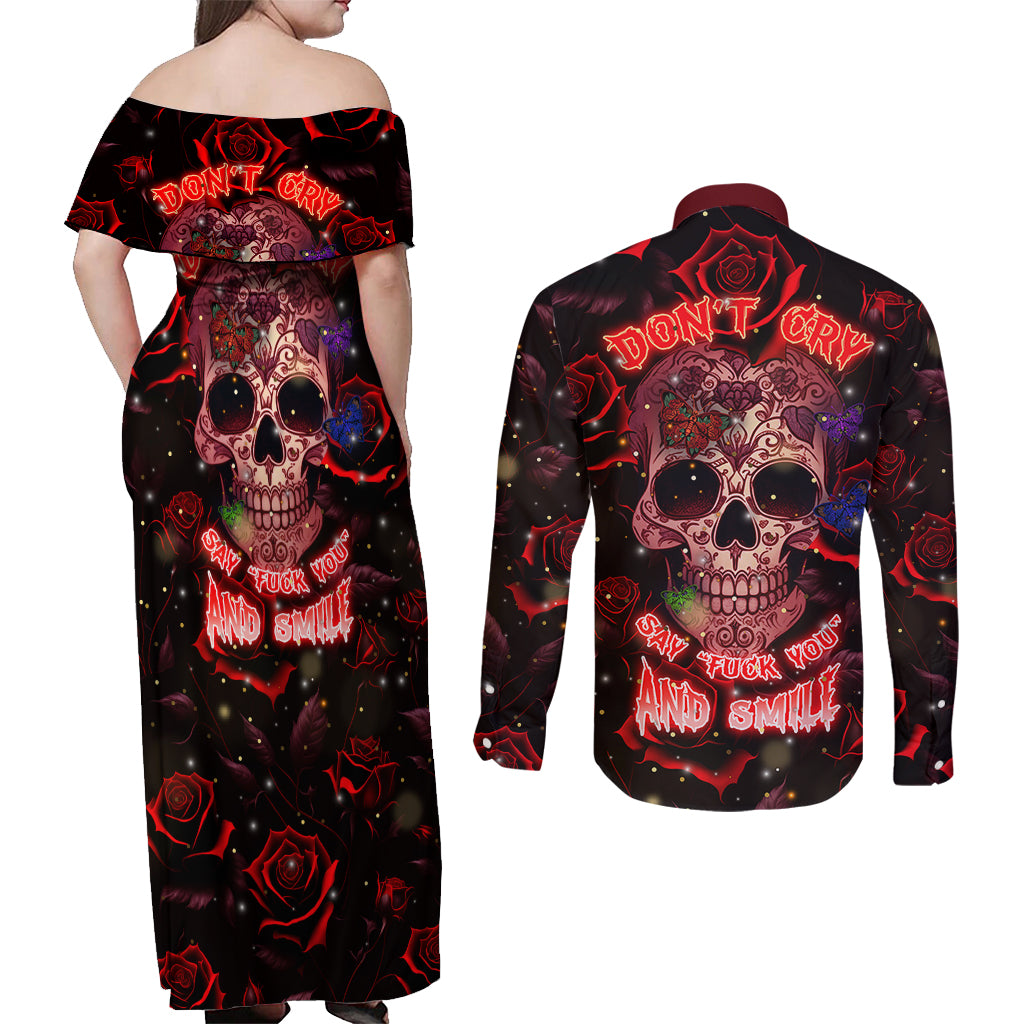 dont-cry-skull-couples-matching-off-shoulder-maxi-dress-and-long-sleeve-button-shirts