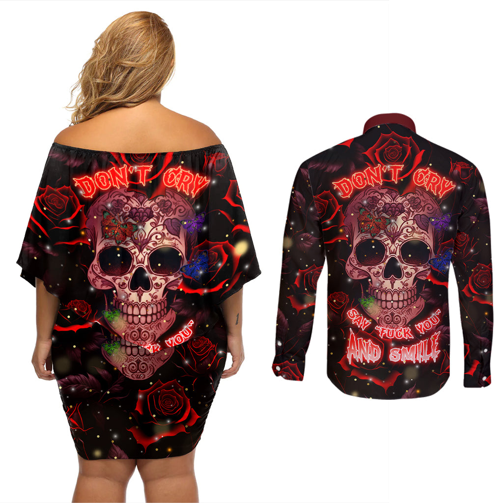 dont-cry-skull-couples-matching-off-shoulder-short-dress-and-long-sleeve-button-shirts