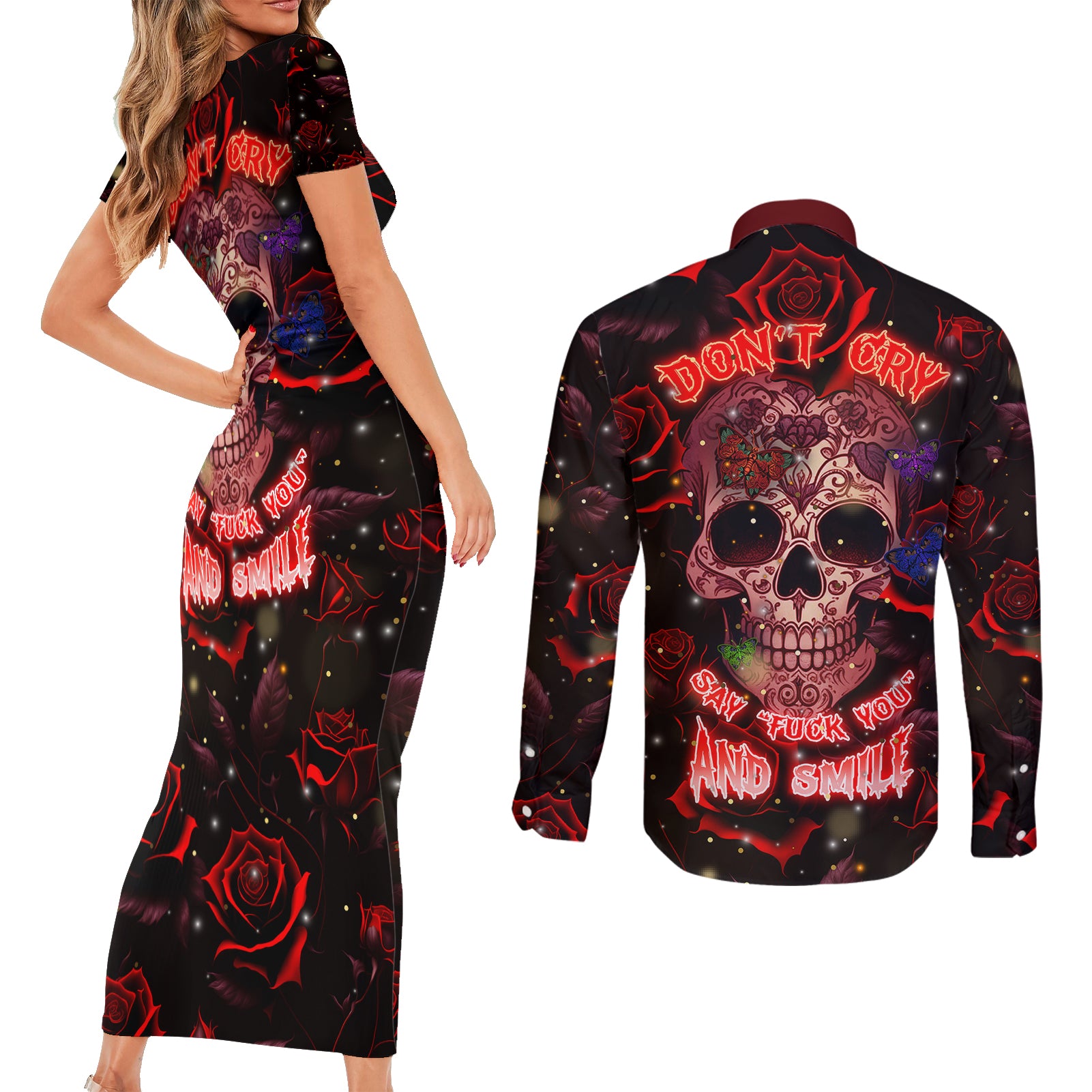 dont-cry-skull-couples-matching-short-sleeve-bodycon-dress-and-long-sleeve-button-shirts