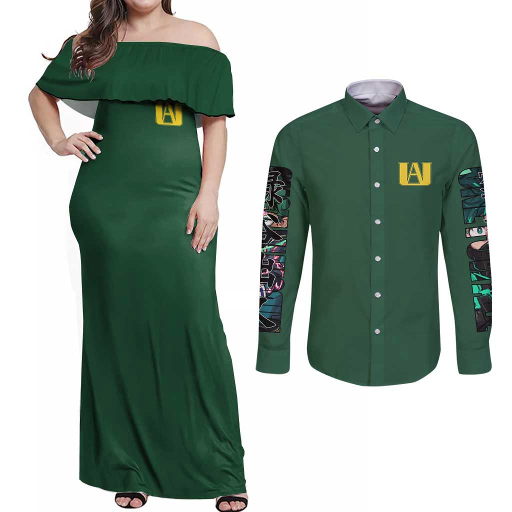 Midoriya Izuku My Hero Academia Couples Matching Off Shoulder Maxi Dress and Long Sleeve Button Shirt Anime Style