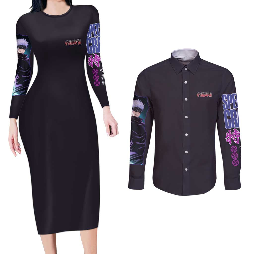 Satoru Gojo V3 Jujutsu Kaisen Couples Matching Long Sleeve Bodycon Dress and Long Sleeve Button Shirt Anime Style