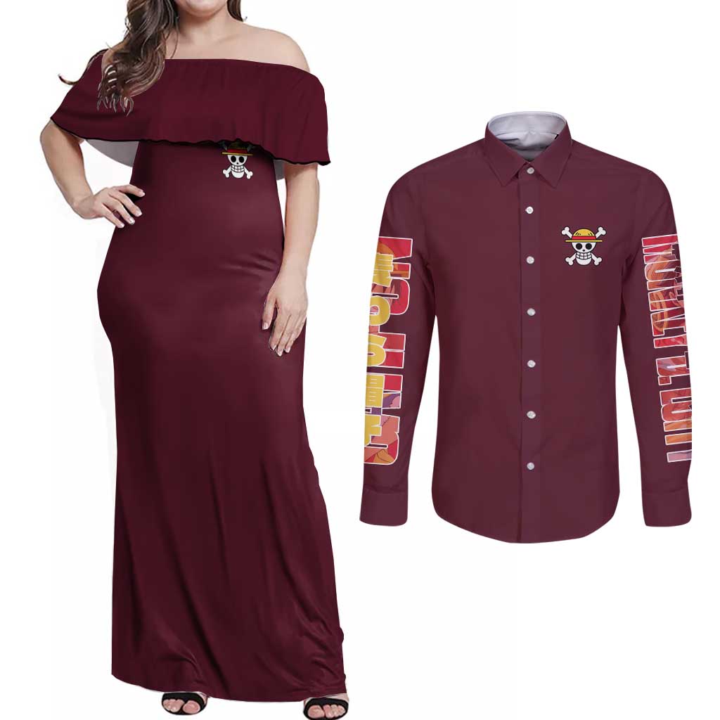 Monkey D. Luffy V3 One Piece Couples Matching Off Shoulder Maxi Dress and Long Sleeve Button Shirt Anime Style