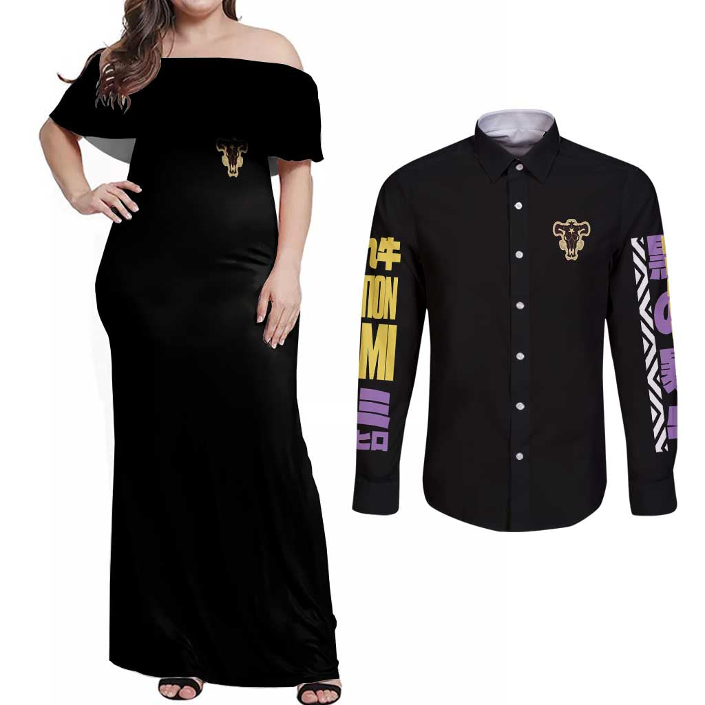 Yami Sukehiro V3 Black Clover Couples Matching Off Shoulder Maxi Dress and Long Sleeve Button Shirt Anime Style