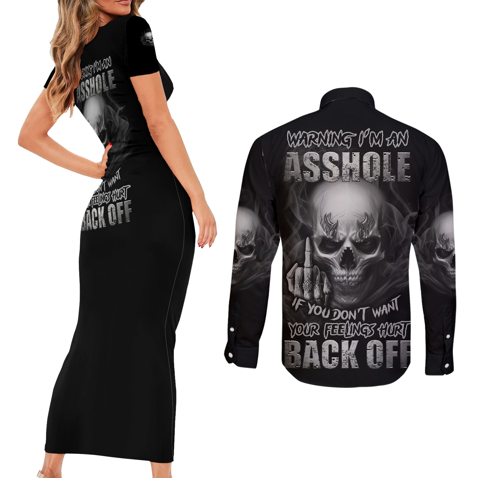 warning-im-an-a-mad-skull-couples-matching-short-sleeve-bodycon-dress-and-long-sleeve-button-shirt