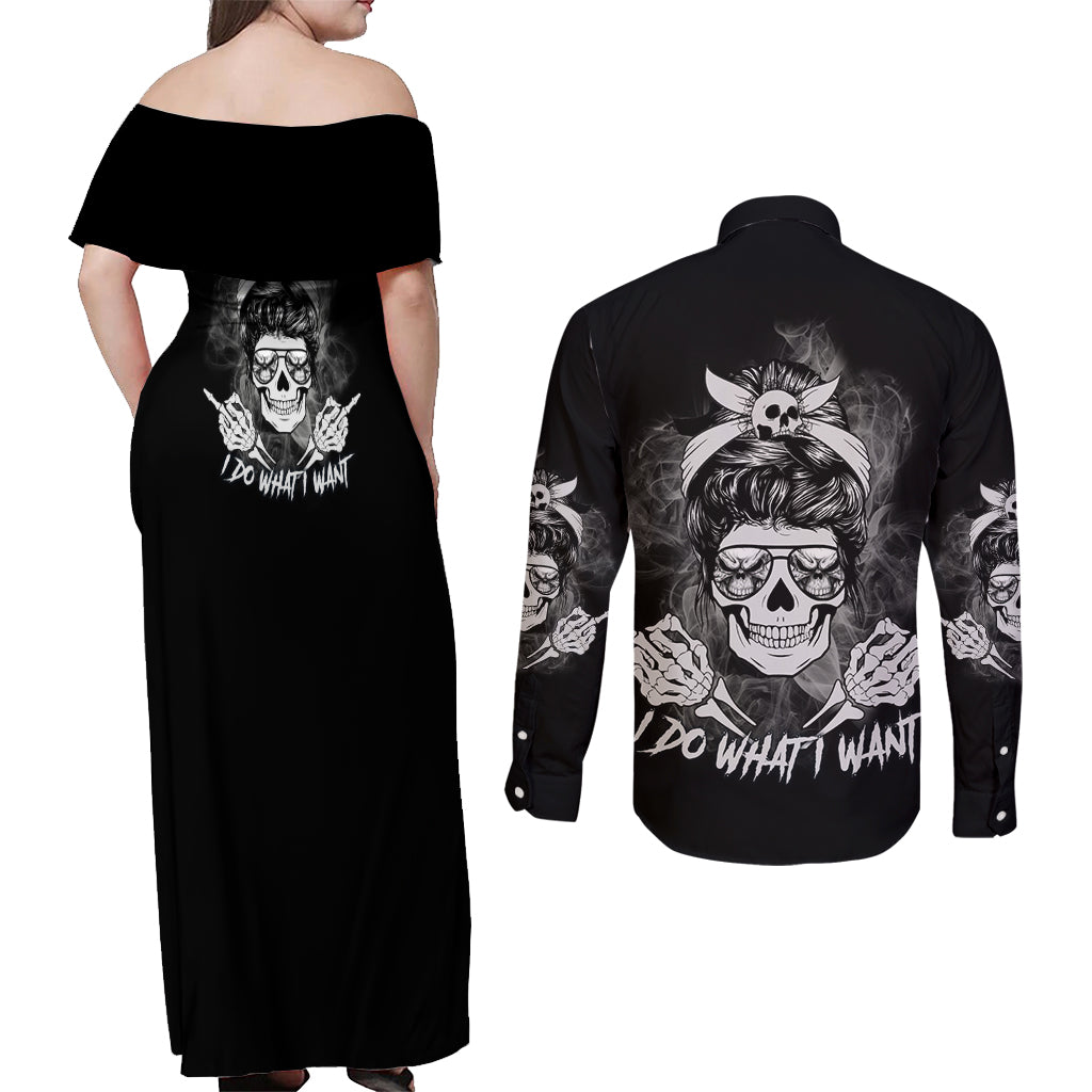 i-do-what-i-want-skull-black-and-white-couples-matching-off-shoulder-maxi-dress-and-long-sleeve-button-shirt