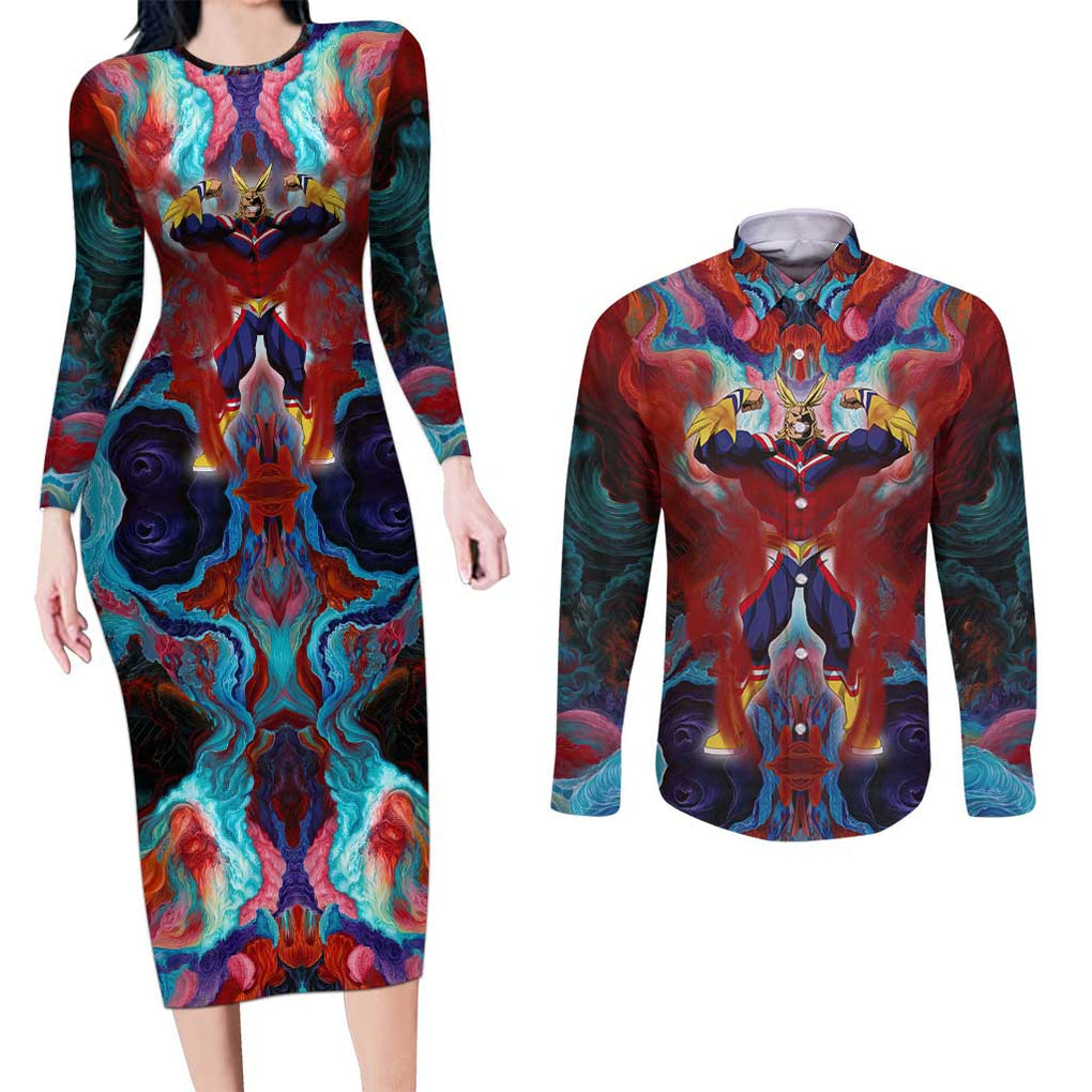 Atmospheric Blast All Might My Hero Academia Couples Matching Long Sleeve Bodycon Dress and Long Sleeve Button Shirt Anime Mix Abstracs Trippy Style