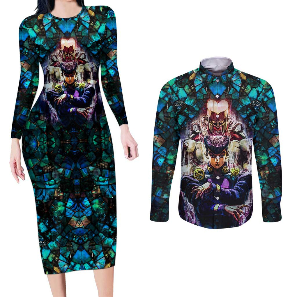 Trippy Josuke Shining Diamond Jojo’s Bizarre Adventure Couples Matching Long Sleeve Bodycon Dress and Long Sleeve Button Shirt Anime Mix Abstracs Style