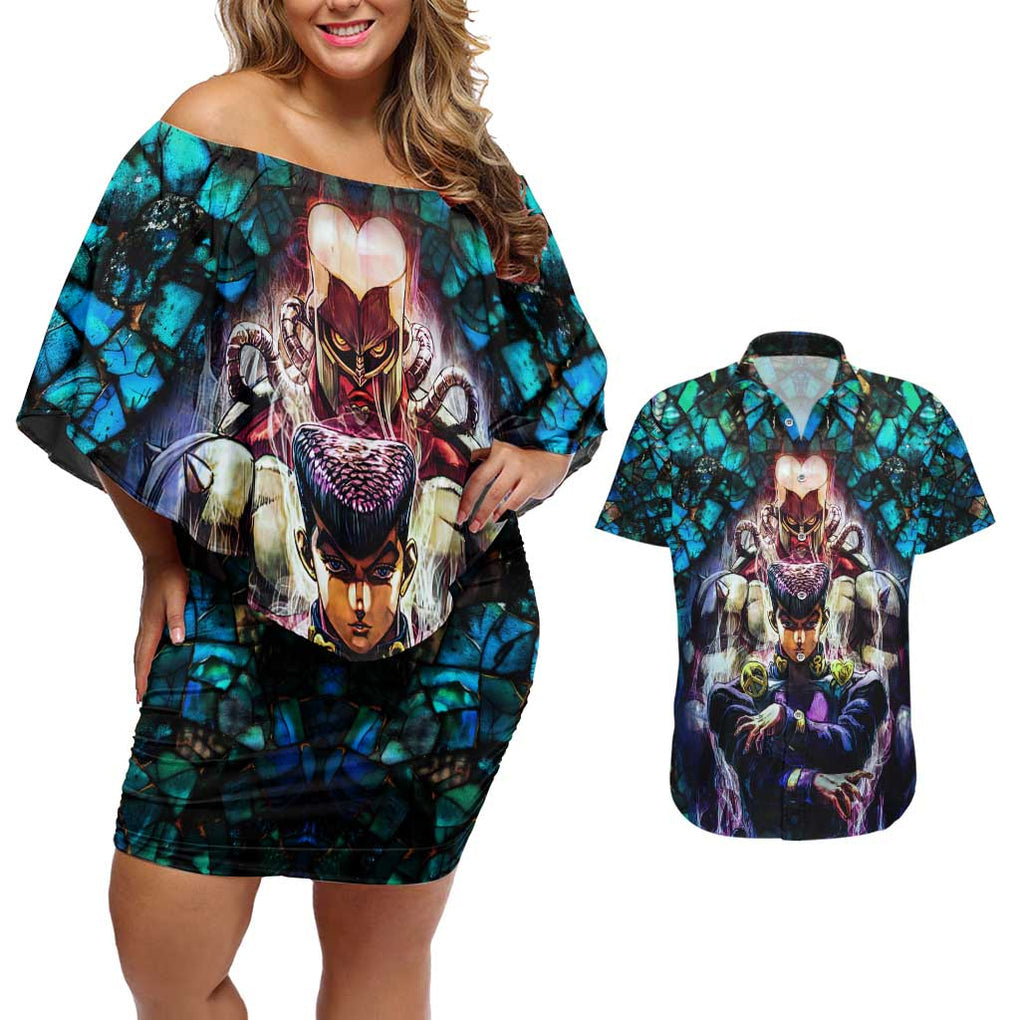 Trippy Josuke Shining Diamond Jojo’s Bizarre Adventure Couples Matching Off Shoulder Short Dress and Hawaiian Shirt Anime Mix Abstracs Style