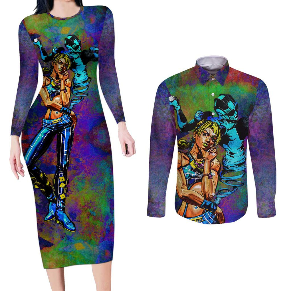 Trippy Jolyne Cujoh Stone Ocean Jojo’s Bizarre Adventure Couples Matching Long Sleeve Bodycon Dress and Long Sleeve Button Shirt Anime Mix Abstracs Style