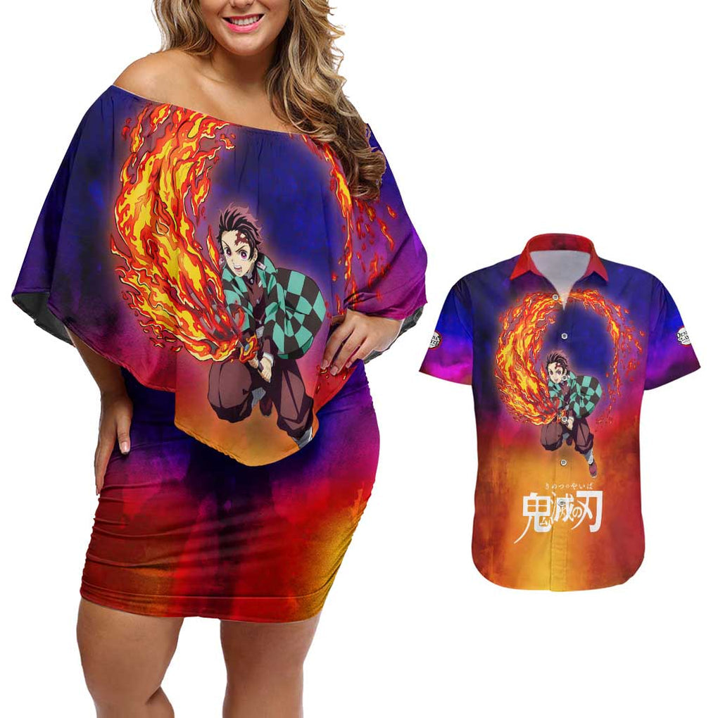 Space Samurai Tanjiro Demon Slayer Couples Matching Off Shoulder Short Dress and Hawaiian Shirt Anime Mix Abstracs Style