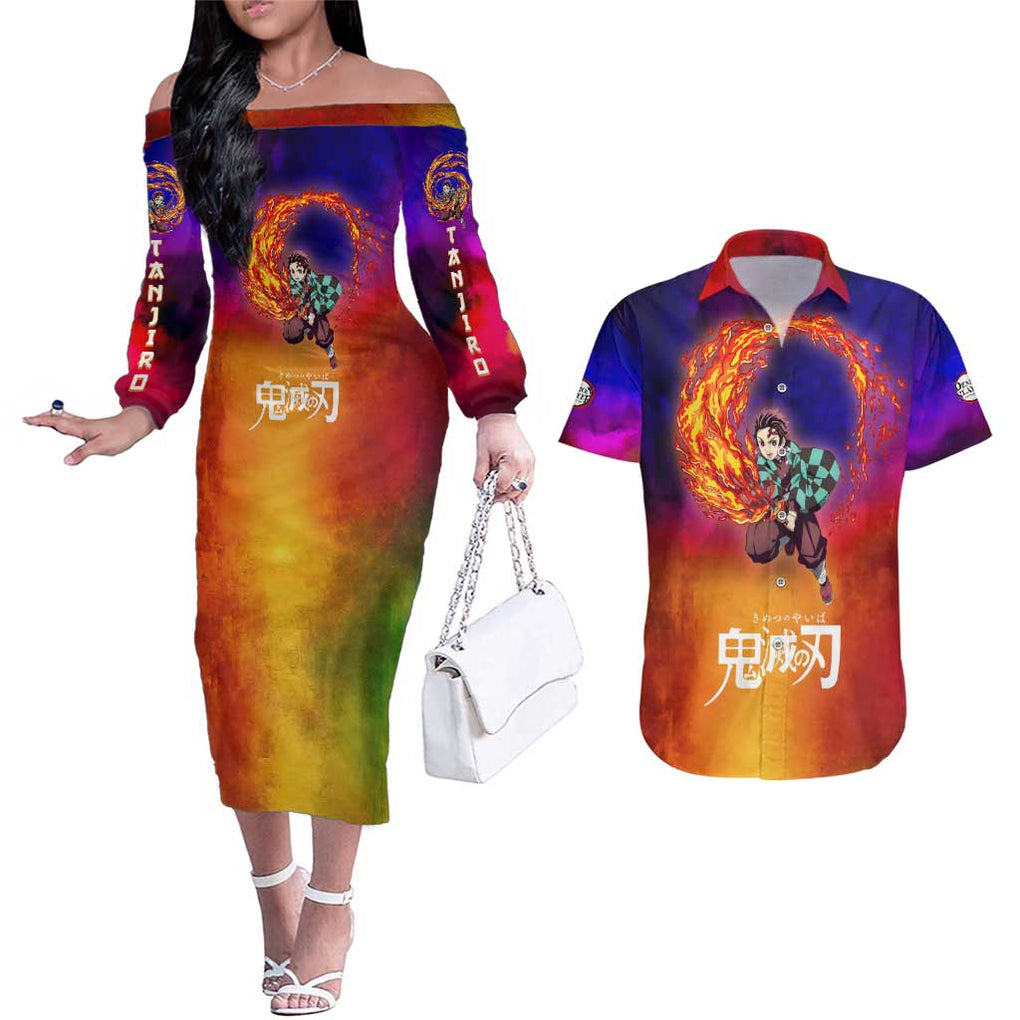 Space Samurai Tanjiro Demon Slayer Couples Matching Off The Shoulder Long Sleeve Dress and Hawaiian Shirt Anime Mix Abstracs Style