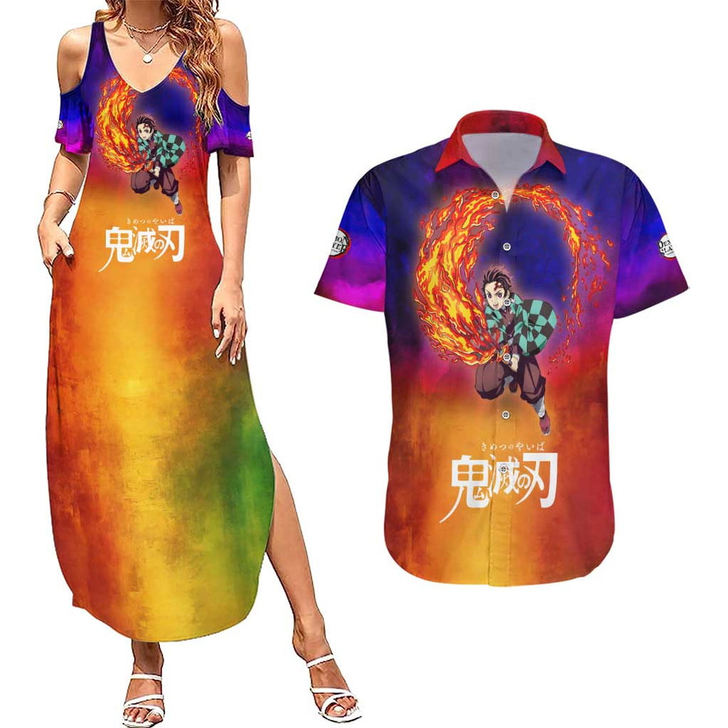 Space Samurai Tanjiro Demon Slayer Couples Matching Summer Maxi Dress and Hawaiian Shirt Anime Mix Abstracs Style