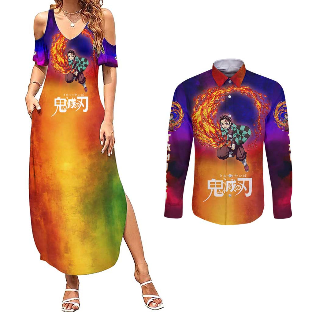 Space Samurai Tanjiro Demon Slayer Couples Matching Summer Maxi Dress and Long Sleeve Button Shirt Anime Mix Abstracs Style