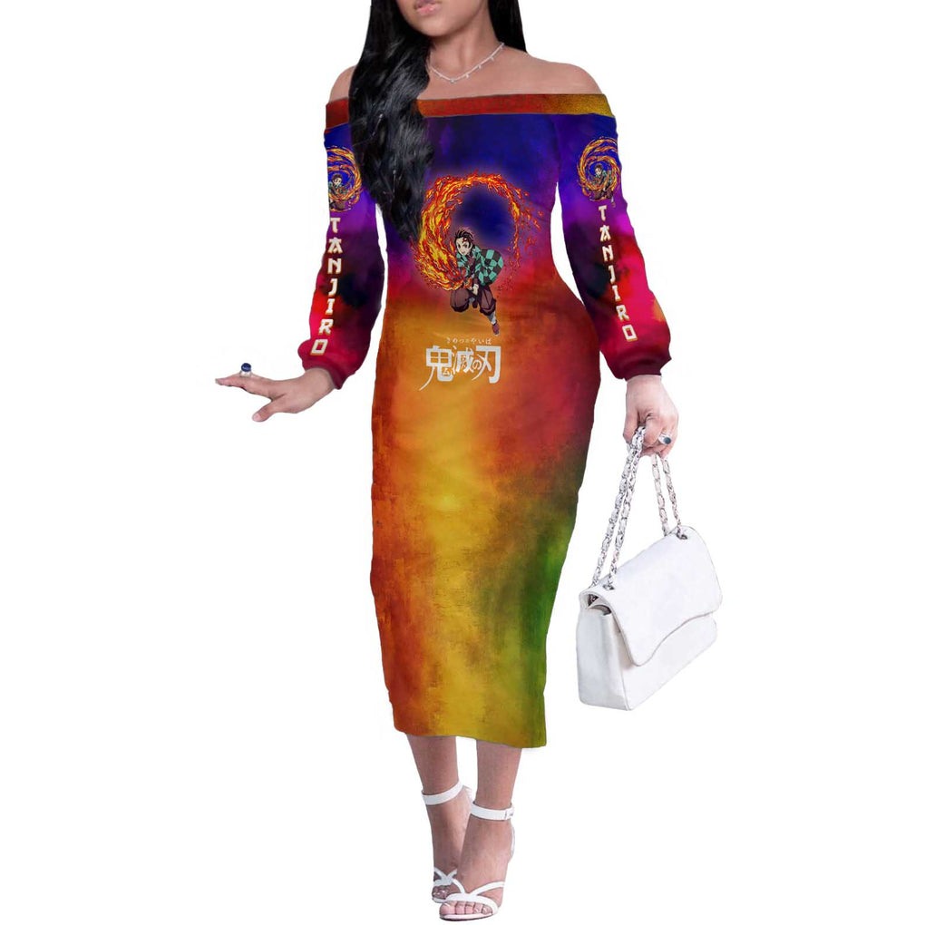 Space Samurai Tanjiro Demon Slayer Off The Shoulder Long Sleeve Dress Anime Mix Abstracs Style