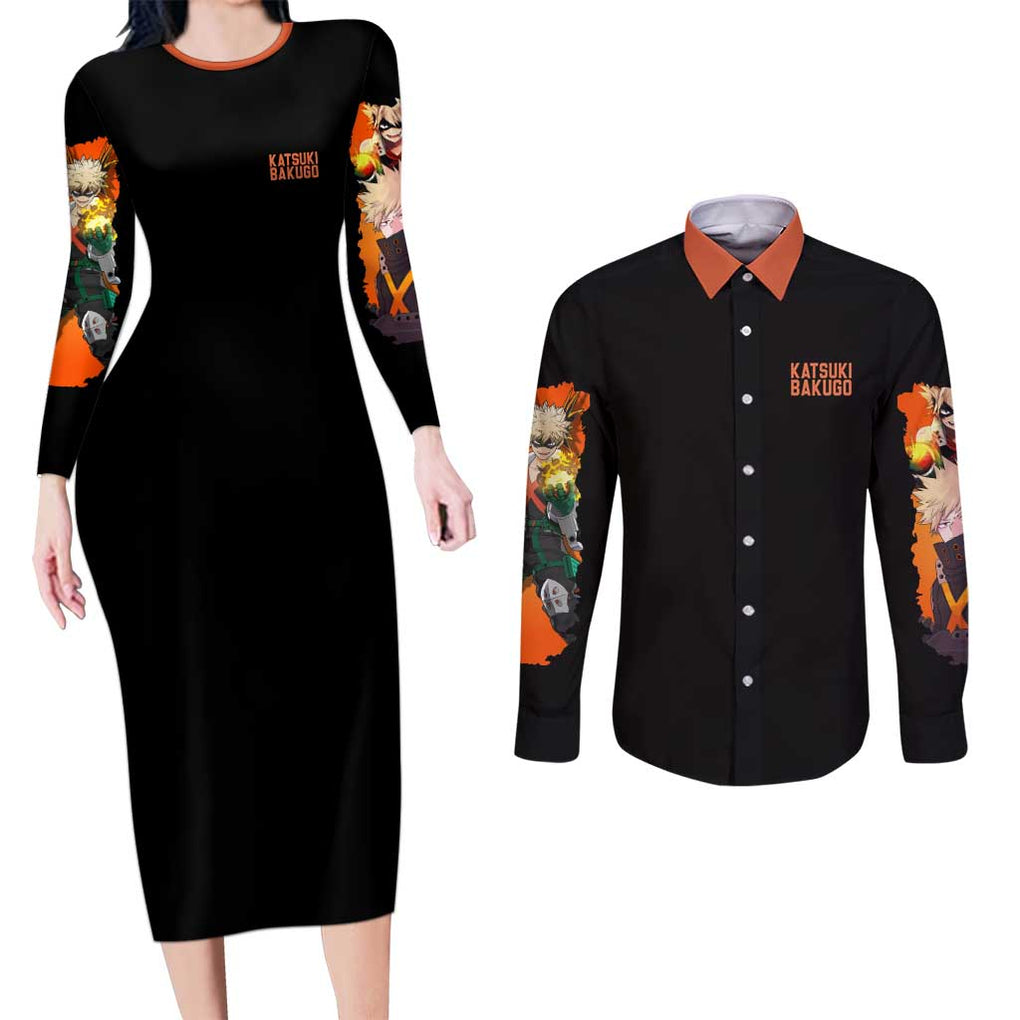 Katsuki Bakugo V2 My Hero Academia Couples Matching Long Sleeve Bodycon Dress and Long Sleeve Button Shirt Anime Style