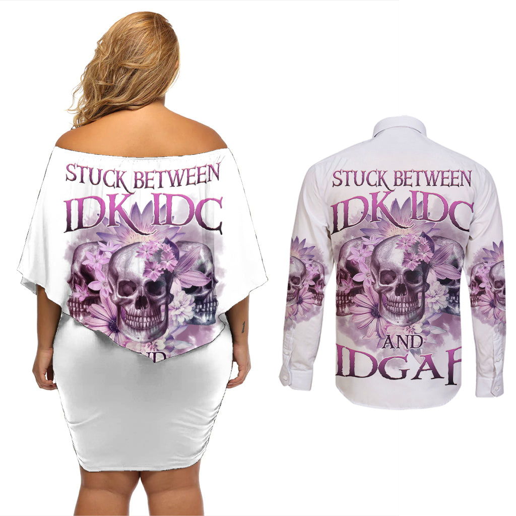 stuck-between-idk-idc-and-idgaf-skull-couples-matching-off-shoulder-short-dress-and-long-sleeve-button-shirt