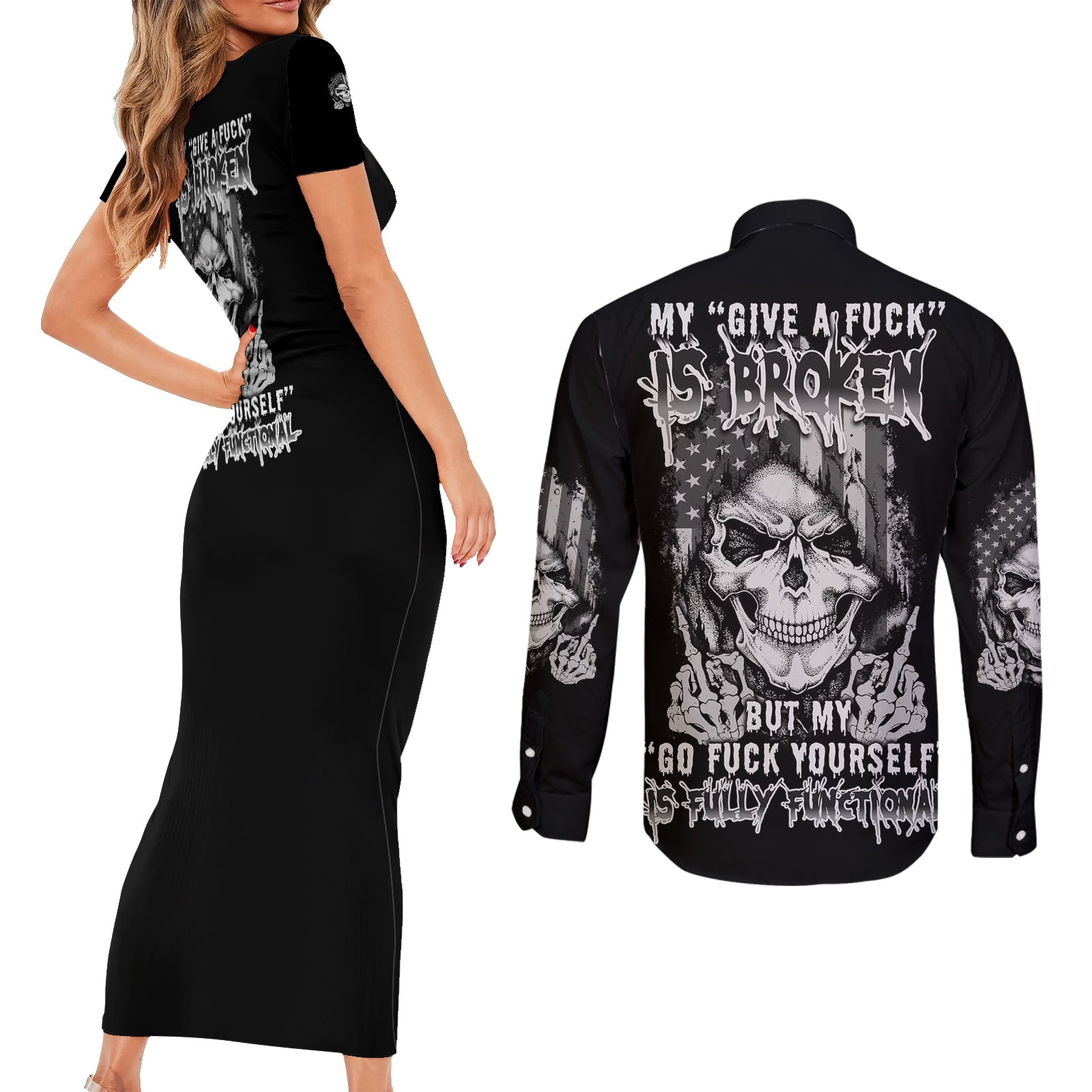 my-give-a-f-mad-skull-couples-matching-short-sleeve-bodycon-dress-and-long-sleeve-button-shirt