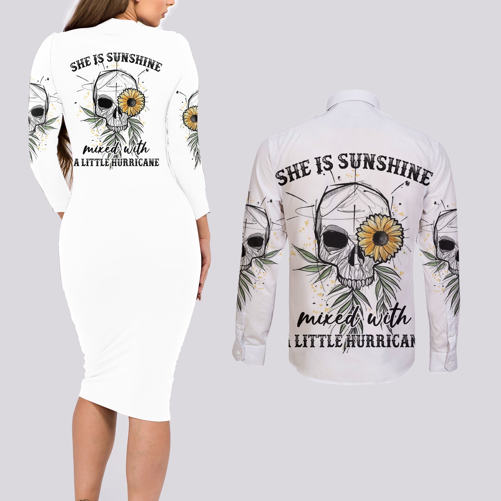 she-is-sunshine-skull-sunflower-couples-matching-long-sleeve-bodycon-dress-and-long-sleeve-button-shirt