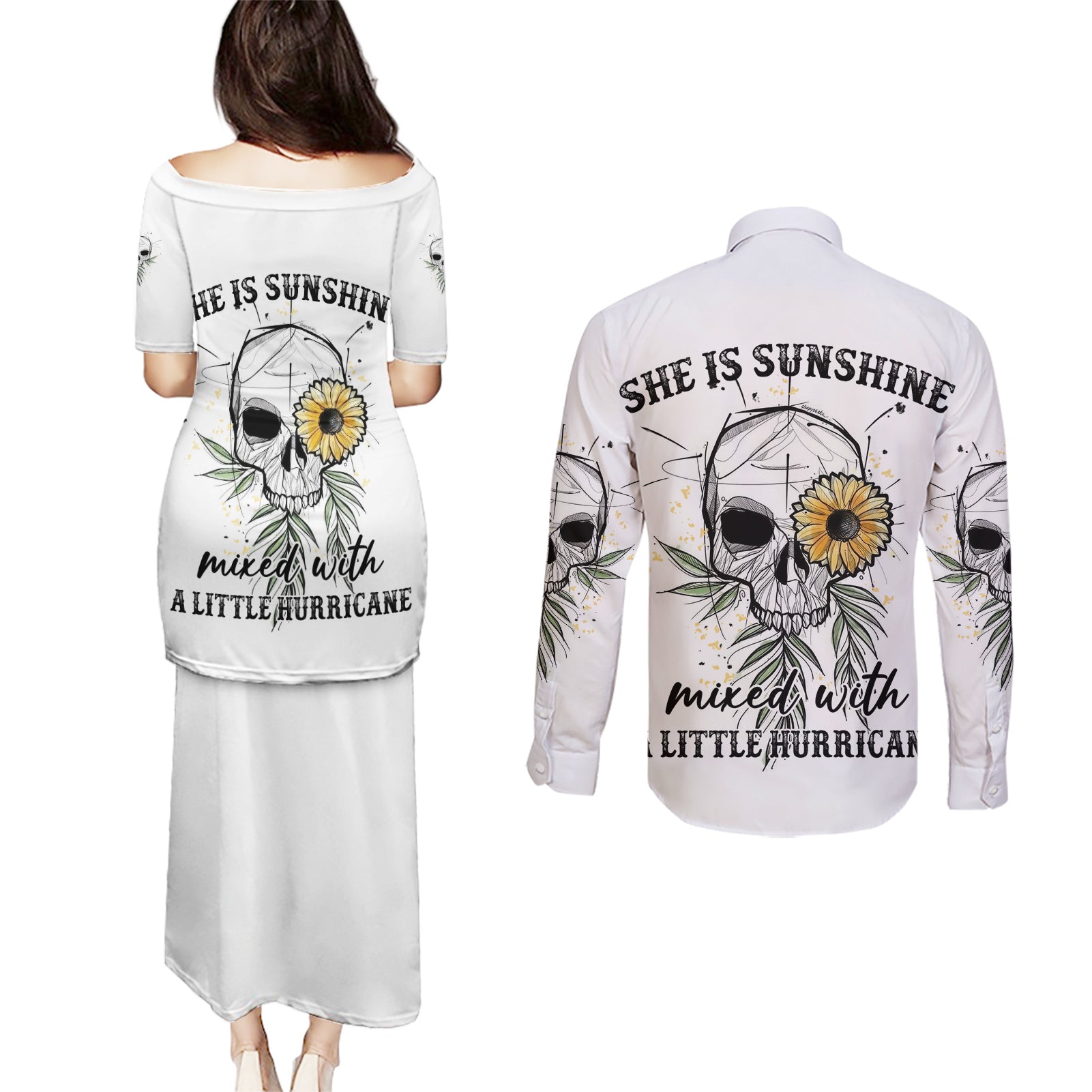 she-is-sunshine-skull-sunflower-couples-matching-puletasi-dress-and-long-sleeve-button-shirt