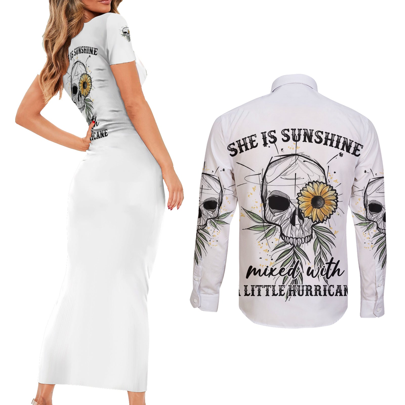 she-is-sunshine-skull-sunflower-couples-matching-short-sleeve-bodycon-dress-and-long-sleeve-button-shirt