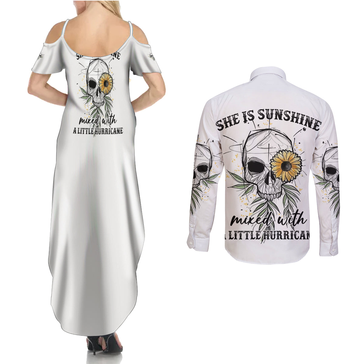 she-is-sunshine-skull-sunflower-couples-matching-summer-maxi-dress-and-long-sleeve-button-shirt