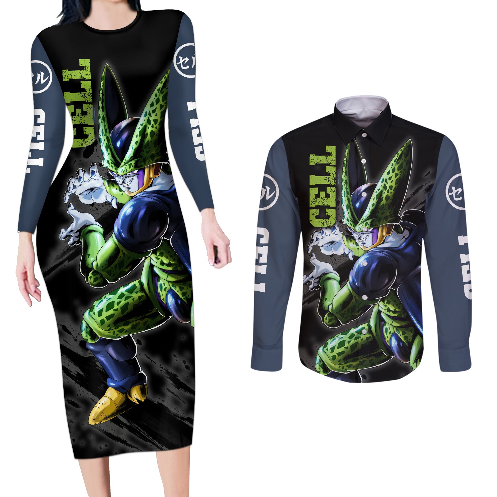 Perfect Cell Couples Matching Long Sleeve Bodycon Dress and Long Sleeve Button Shirt