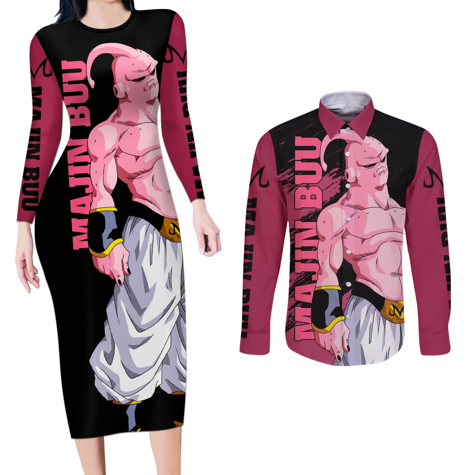 Skinny Majin Buu Couples Matching Long Sleeve Bodycon Dress and Long Sleeve Button Shirt