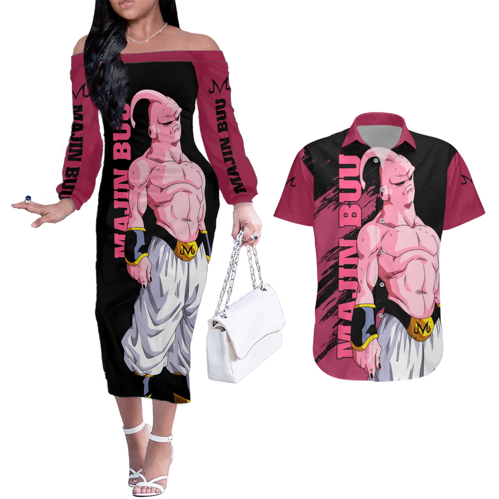 Skinny Majin Buu Couples Matching Off The Shoulder Long Sleeve Dress and Hawaiian Shirt