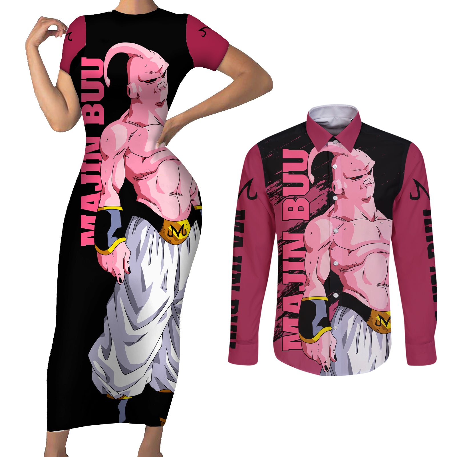 Skinny Majin Buu Couples Matching Short Sleeve Bodycon Dress and Long Sleeve Button Shirt