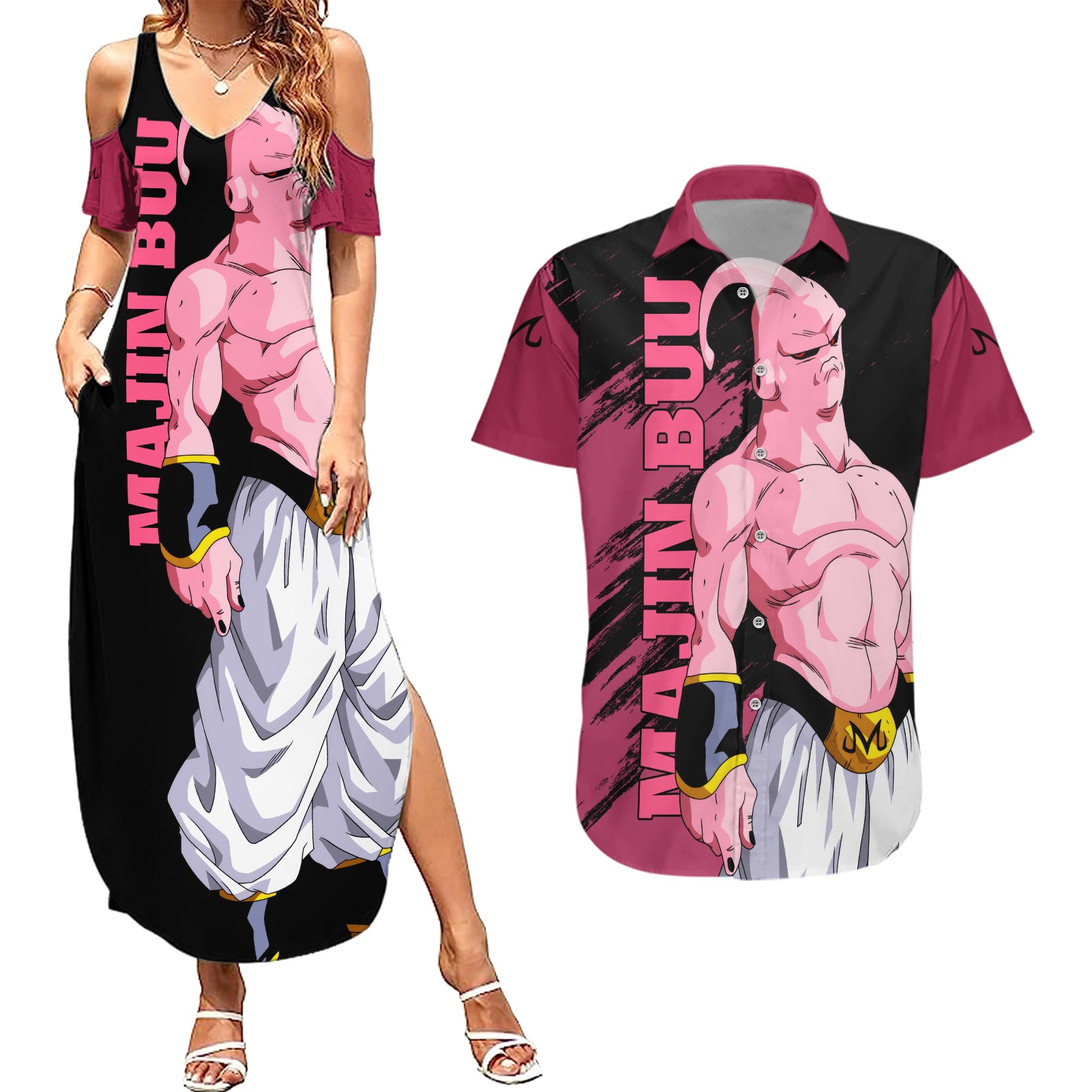 Skinny Majin Buu Couples Matching Summer Maxi Dress and Hawaiian Shirt